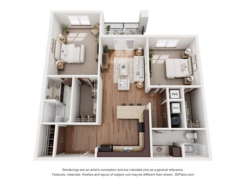 Floor plan for 2 beds, 2 baths, 1320 sqft